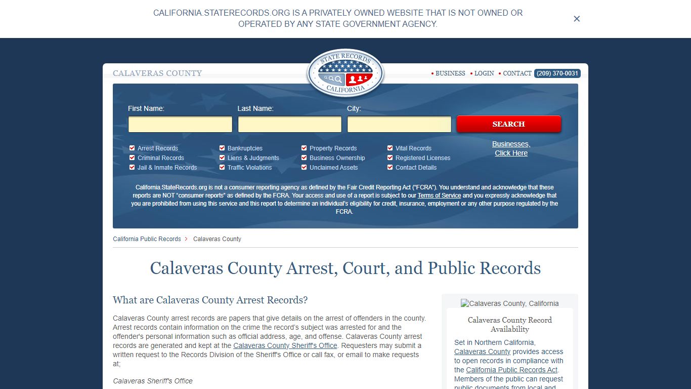 Calaveras County Arrest, Court, and Public Records